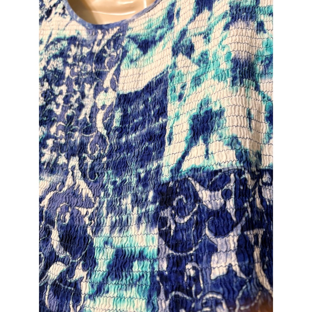 La Cera Blue Patchwork Batik Smocked Tiered Midi Dress Sleeveless Rayon Boho - Picture 10 of 14